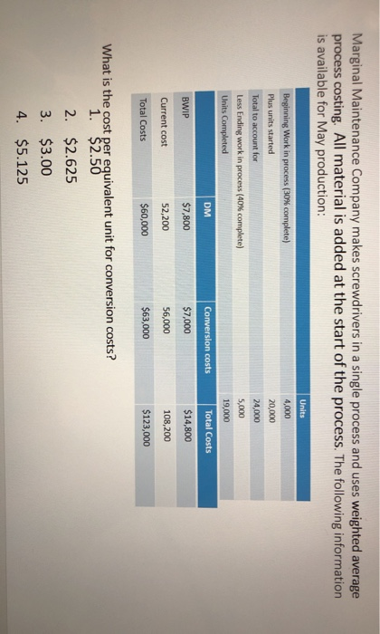  Marginal Maintenance Company makes screwdrivers in a single process and uses