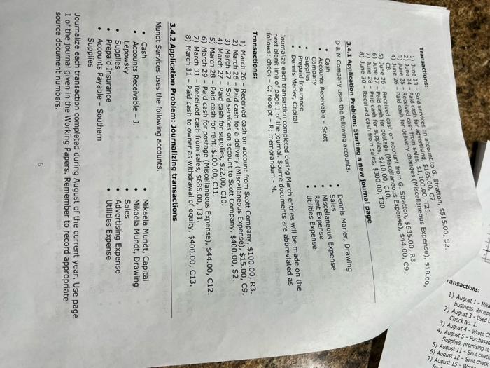 for 3.2 Application Problem.) Transactions: 1) March 1 - Recelved cash from