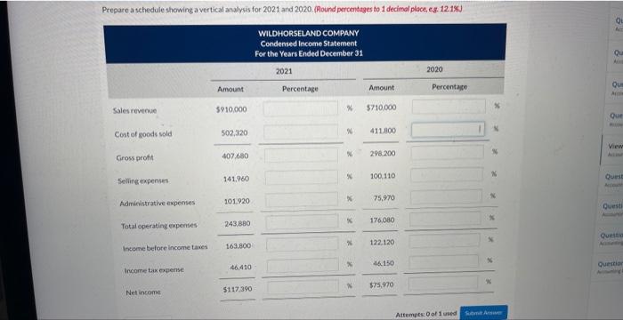 are presented below: Prepare a schedule showing a vertical analysis for 2021