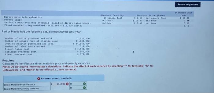  Direct materials (plastic) Direct labor Variable manufacturing overhead (based on direct