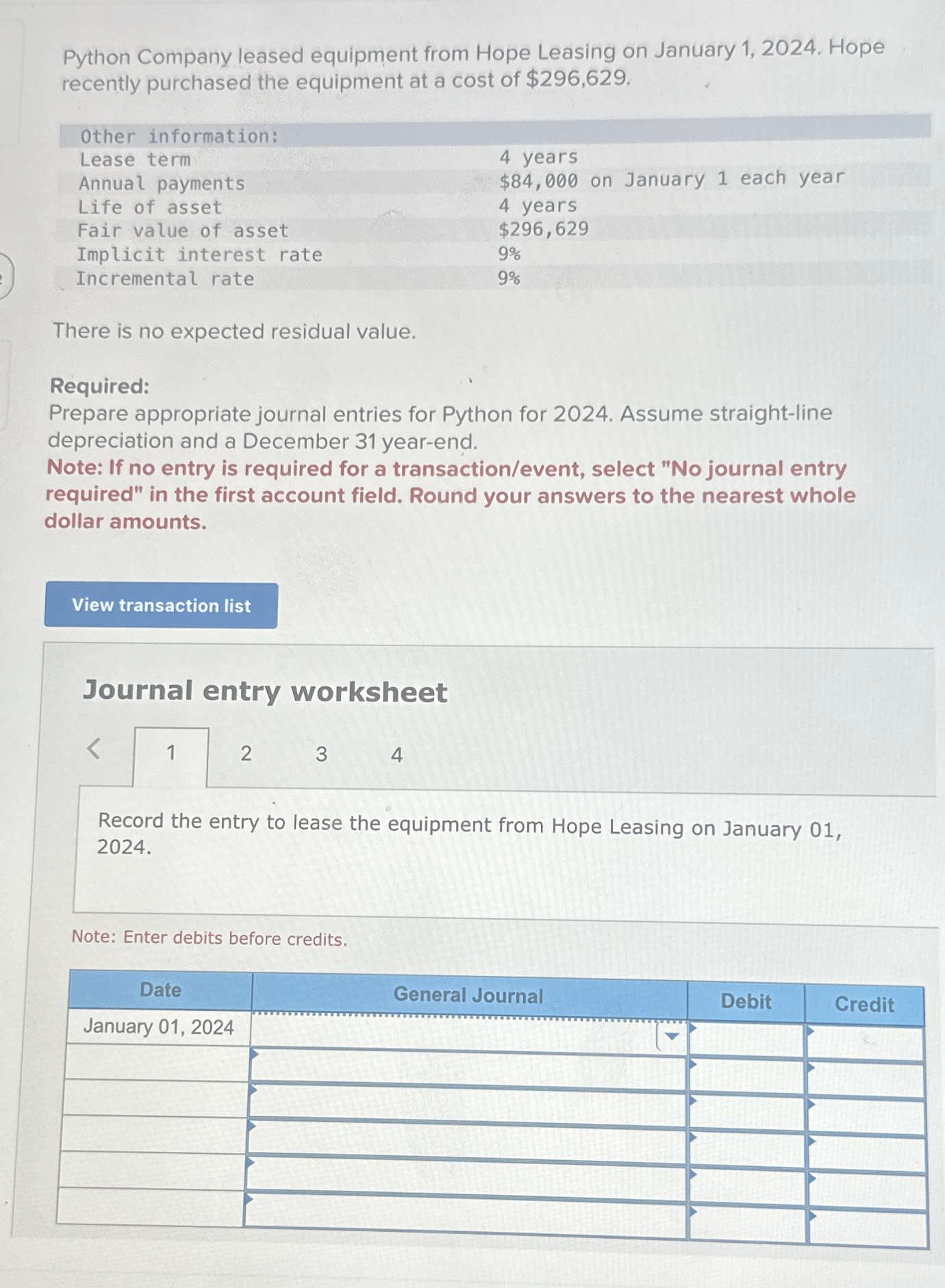  Python Company leased equipment from Hope Leasing on January 1,2024. Hope