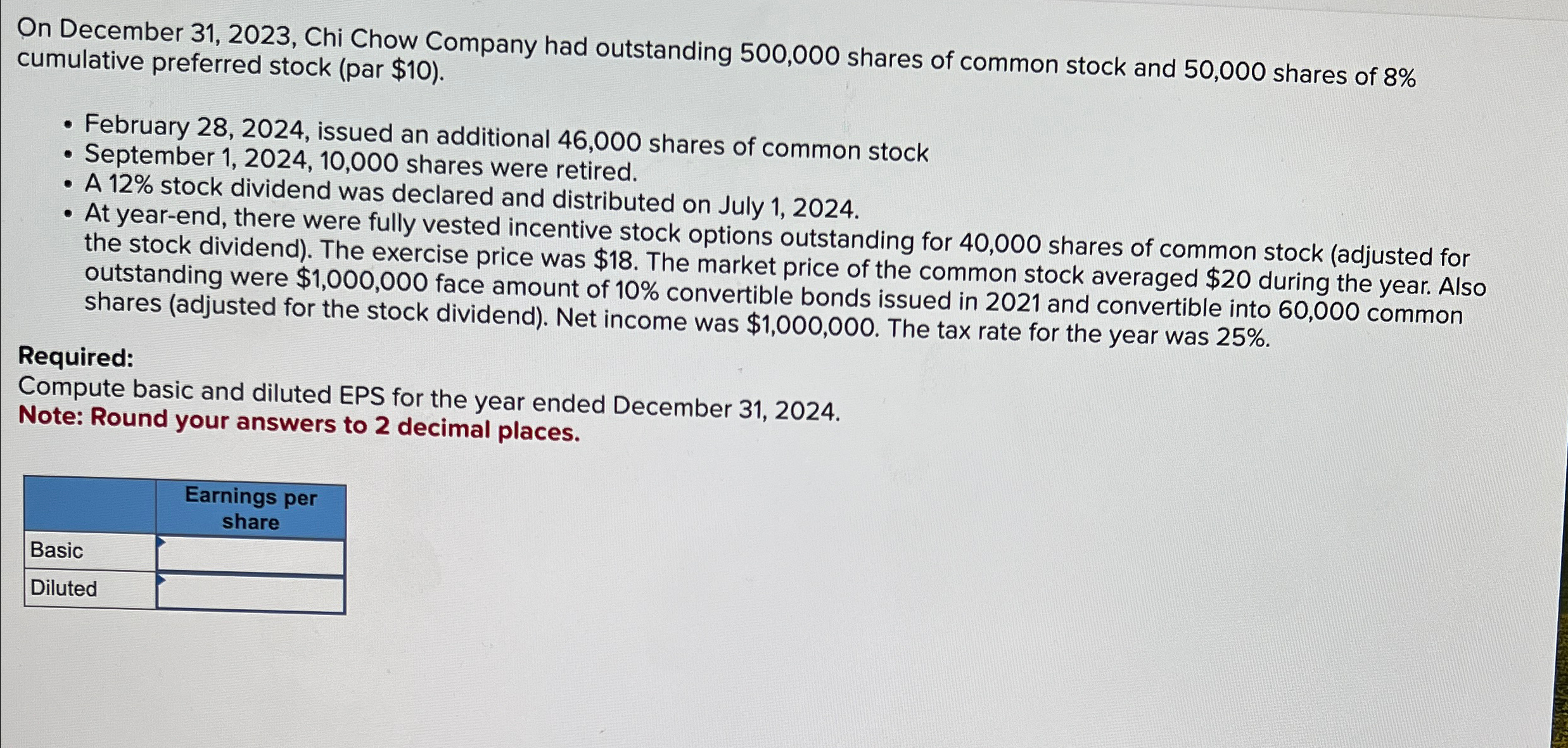  On December 31,2023, Chi Chow Company had outstanding 500,000 shares of