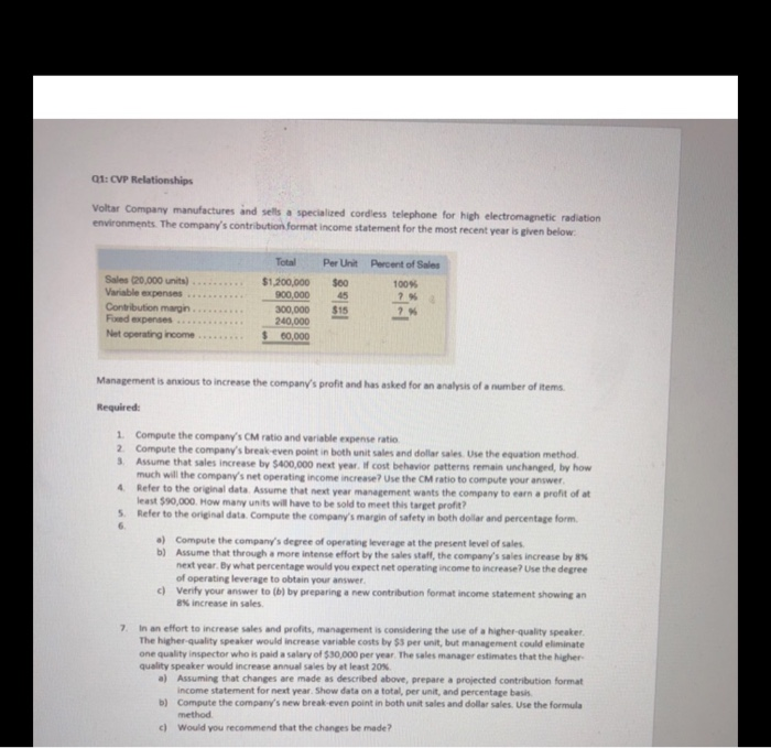 other parts 01: CVP Relationships Voltar Company manufactures and sells a specialized