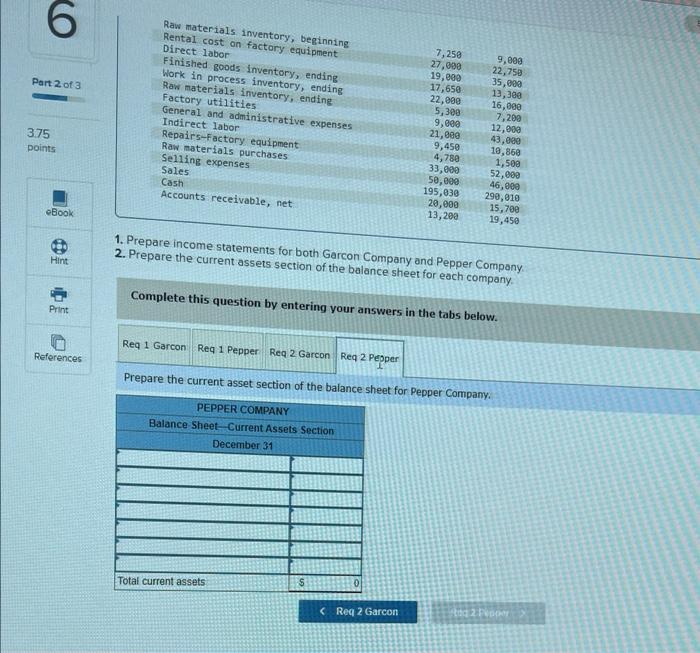 both Garcon Company and Pepper Company. 2. Prepare the current assets section