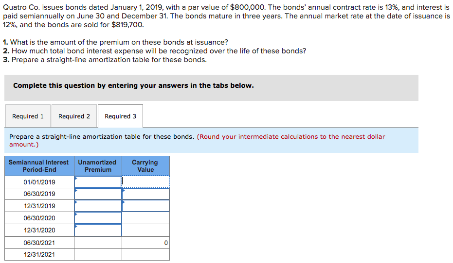 Quatro Co. issues bonds dated January 1, 2019, with a par value