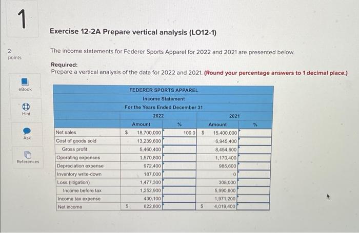  1 Exercise 12-2A Prepare vertical analysis (LO12-1) 2 points The income