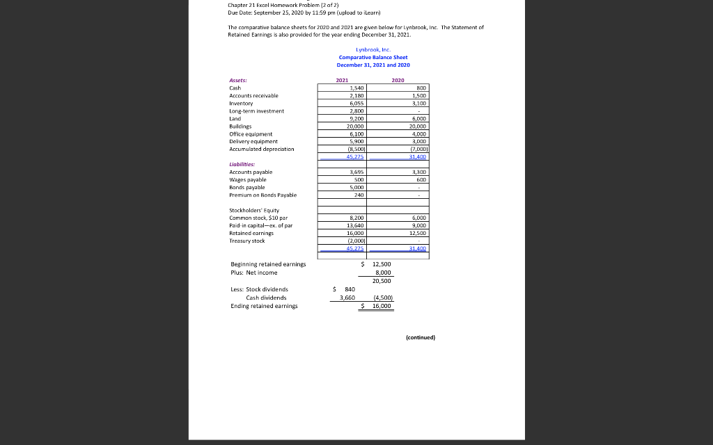  Chapter 21 Excel Homework Problem (2 af 2) Due Date: September