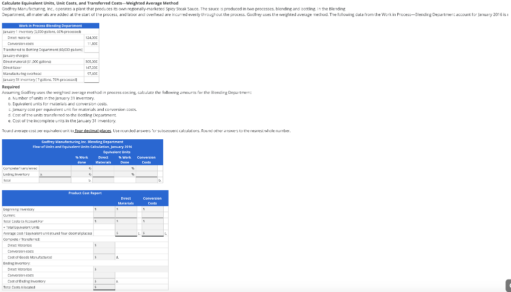 Calculate Equivalent Units, Unit Costs, and Transferred CostsWeighted Average Method Godfrey Manufacturing,