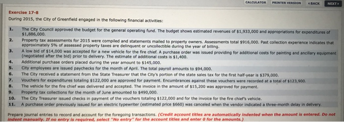  CALCULATOR PRINTER VERSION BACK NEXT Exercise 17-8 During 2015, the City