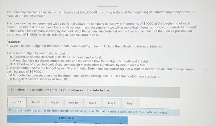 below. Prepare a master budget for the three-month period ending June 30