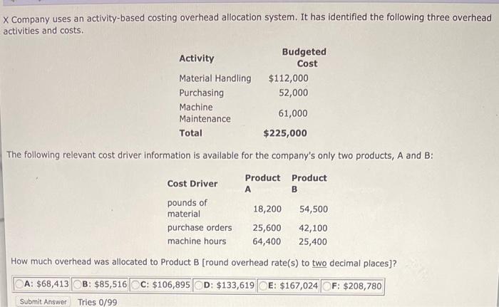  X Company uses an activity-based costing overhead allocation system. It has