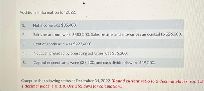 2022: 1. Net income was $35,400. 2. Sales on account were $383,500.