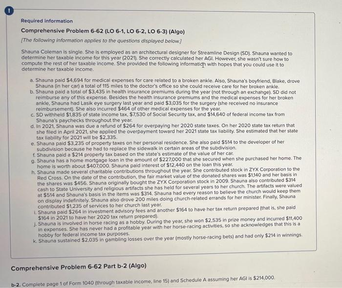 Help With Schedule A Required information Comprehensive Problem 6-62 (LO 6-1, LO