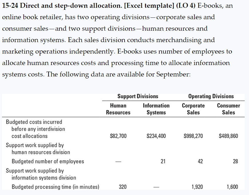  15-24 Direct and step-down allocation. [Excel template] (LO 4) E-books, an