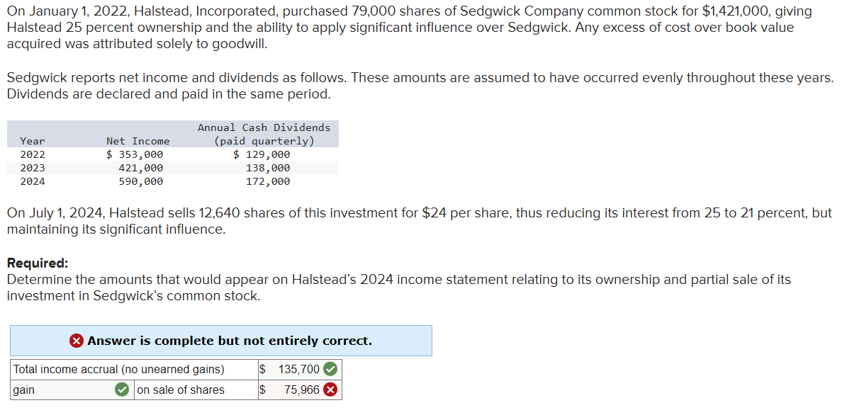  On January 1,2022, Halstead, Incorporated, purchased 79,000 shares of Sedgwick Company