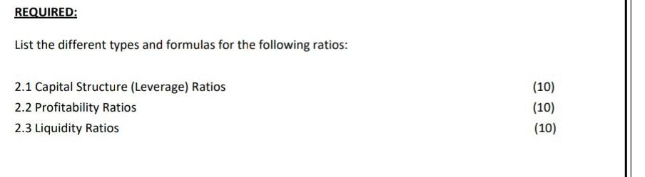  answer REQUIRED: List the different types and formulas for the following