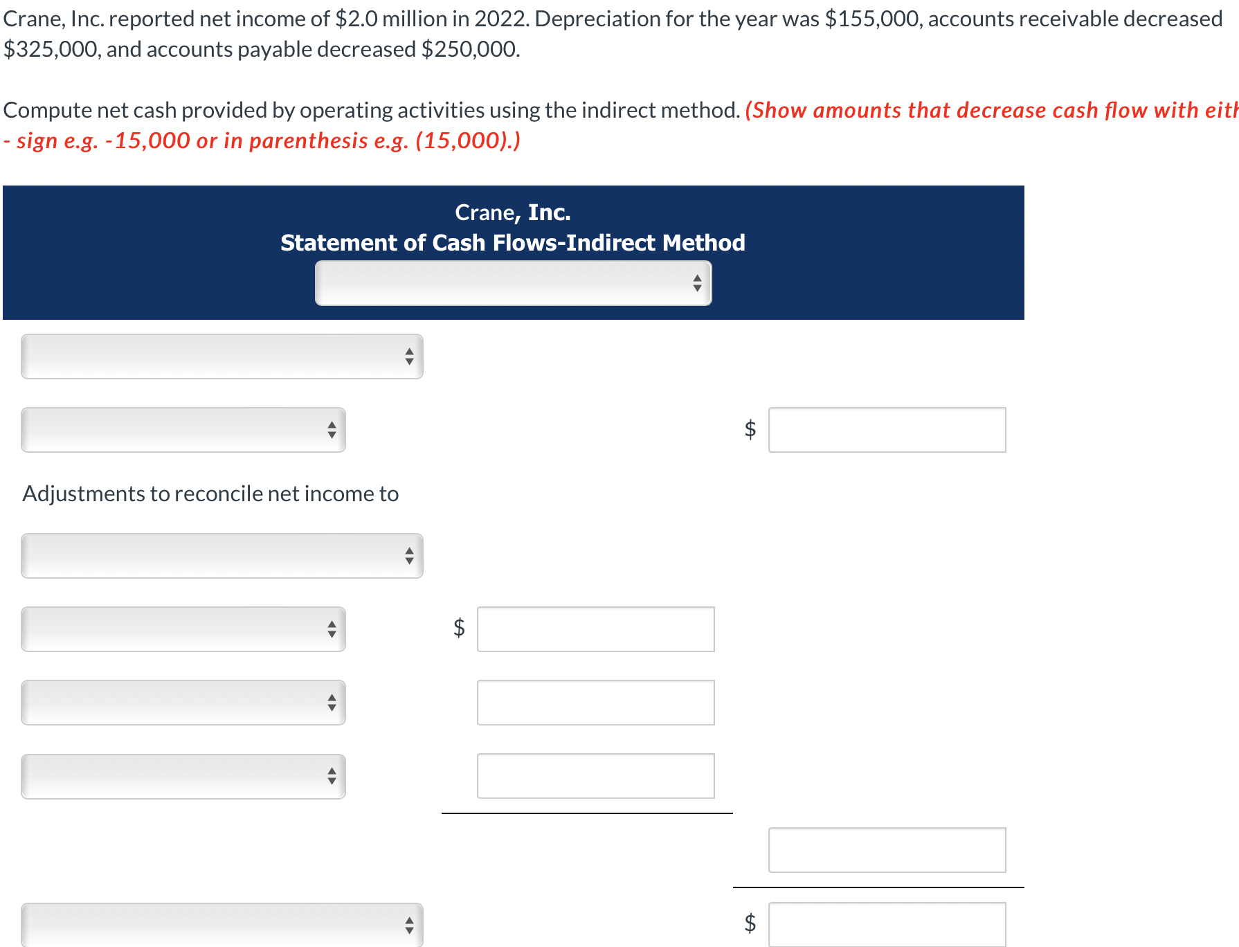  $325,000, and accounts payable decreased $250,000. Compute net cash provided by