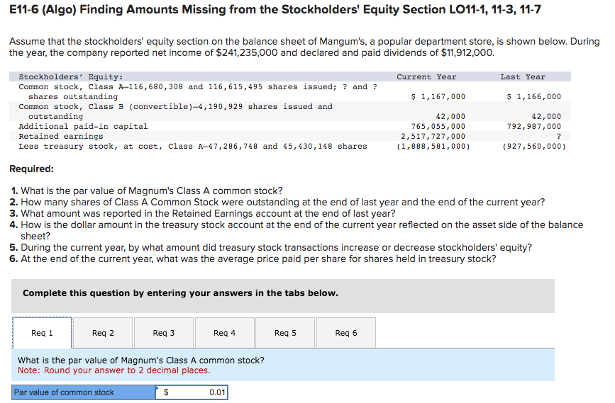 E11-6 (Algo) Finding Amounts Missing from the Stockholders' Equity Section L011-1,
