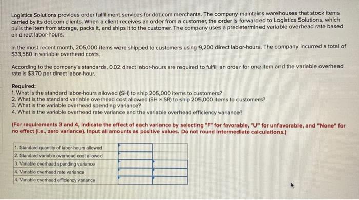 5. Logistics Solutions provides order fulfillment services for dot.com merchants. The company
