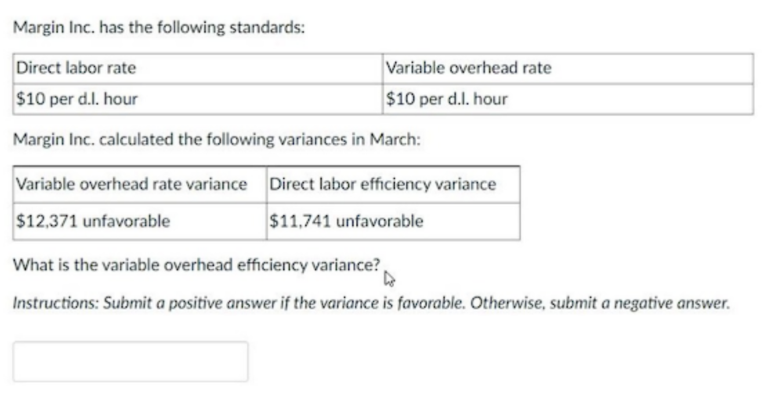 Margin Inc. has the following standards: Margin Inc. calculated the following