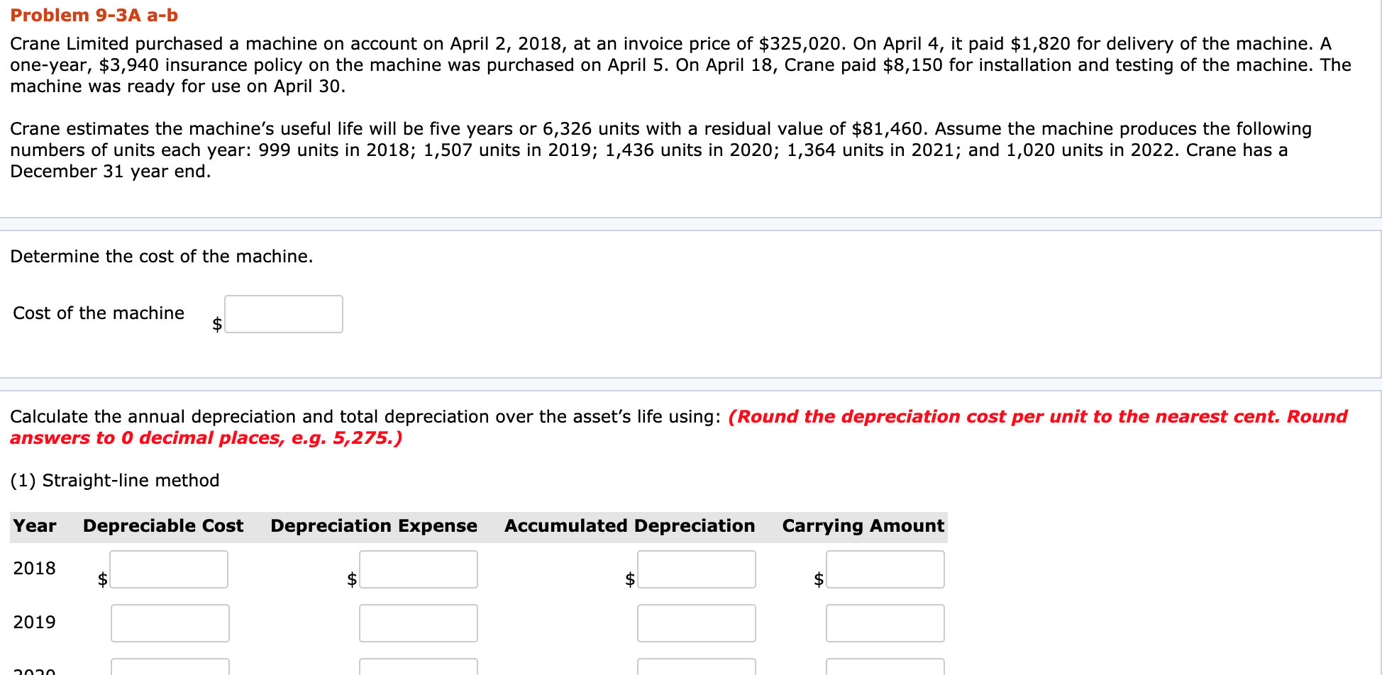 Problem 9-3A a-b Crane Limited purchased a machine on account on