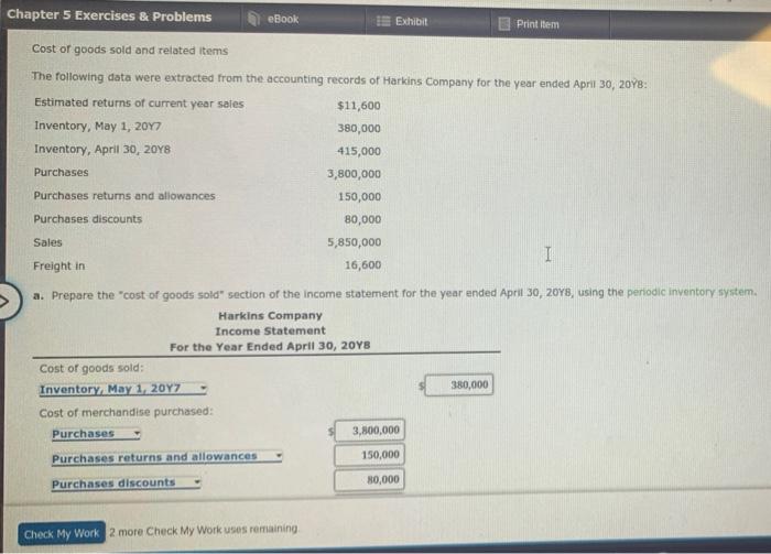 Chapter 5 Exercises & Problems eBook I Exhibit Print item Cost