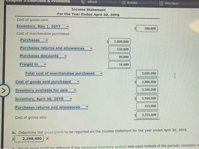 of goods sold and related items The following data were extracted from
