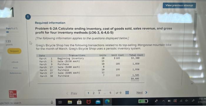  problem 7-2a (lo-3,6-4,6-5) Required information Problem 6-2A Calculate ending inventory, cost