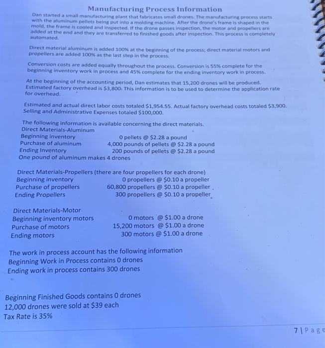  Manufacturing Process Information Dan started a small manufacturing plant that fabricates