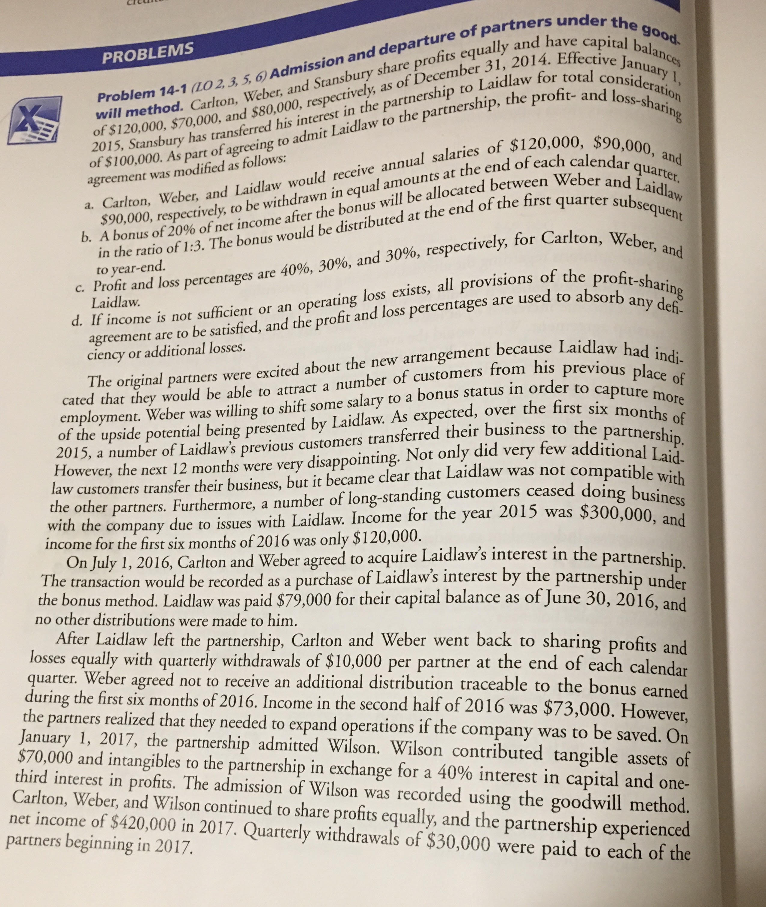  PROBLEMS Problem 14-1(LO2,3,5,6 Admission and departure of partners under the 90.