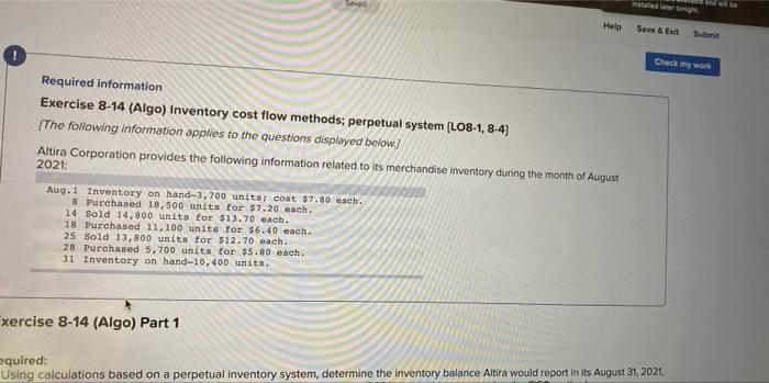  standarting Help Save text Check my work Required information Exercise 8-14