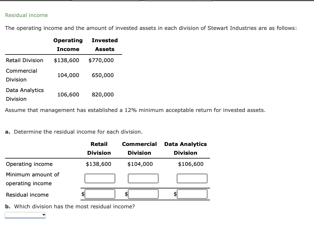 Problem 6: Problem 7: Problem 8: Problem 9: Residual income The operating