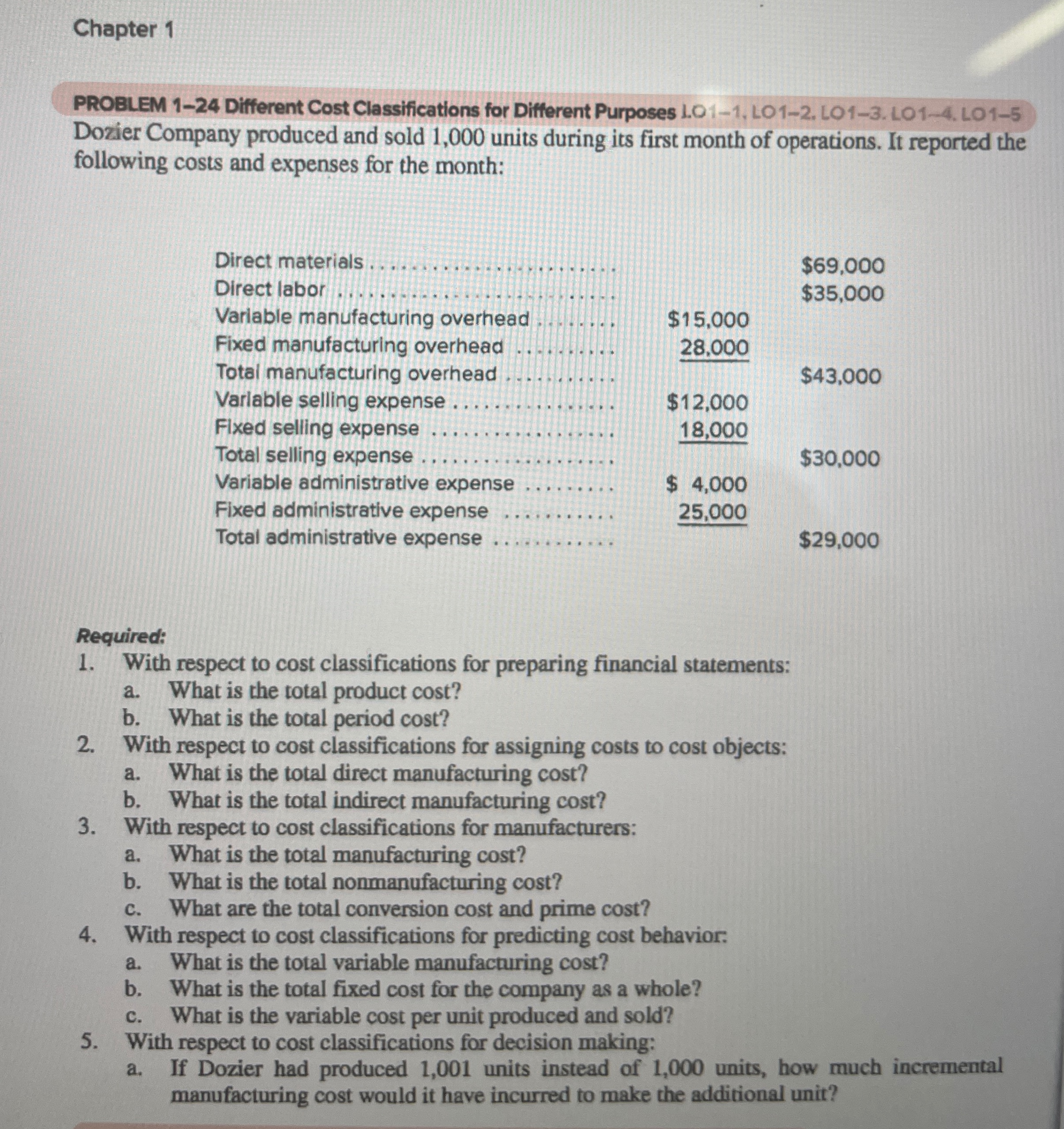  Chapter 1 PROBLEM 1-24 Different Cost Classifications for Different Purposes LO1-1,