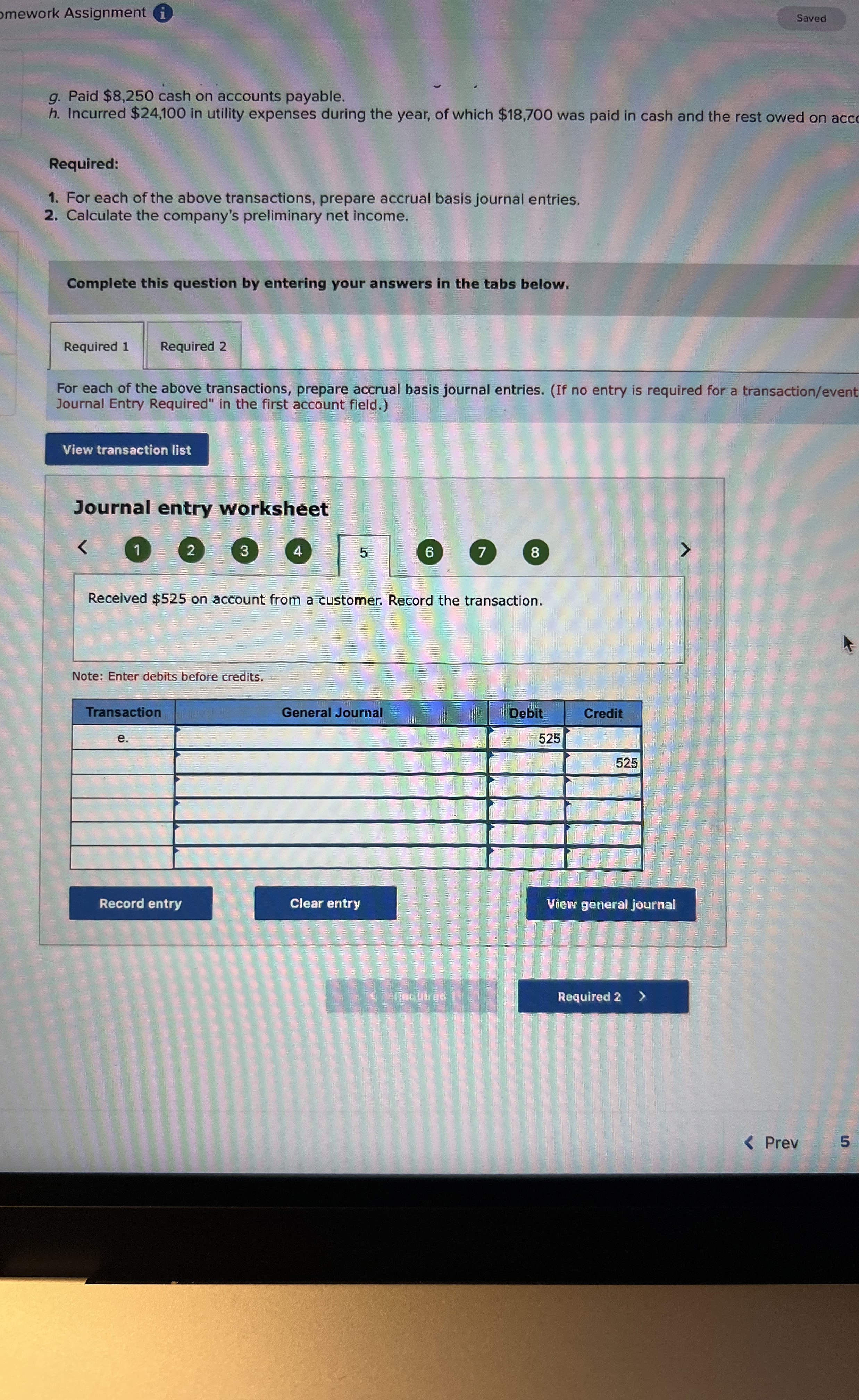 mework Assignment (i) g. Paid $8,250 cash on accounts payable. h.