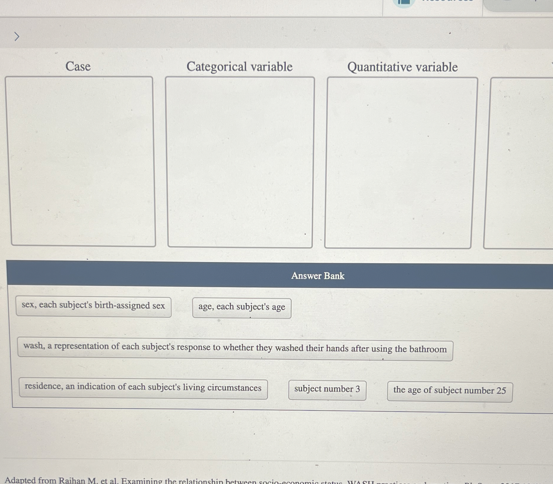  Case Categorical variable Quantitative variable Answer Bank sex, each subject's birth-assigned
