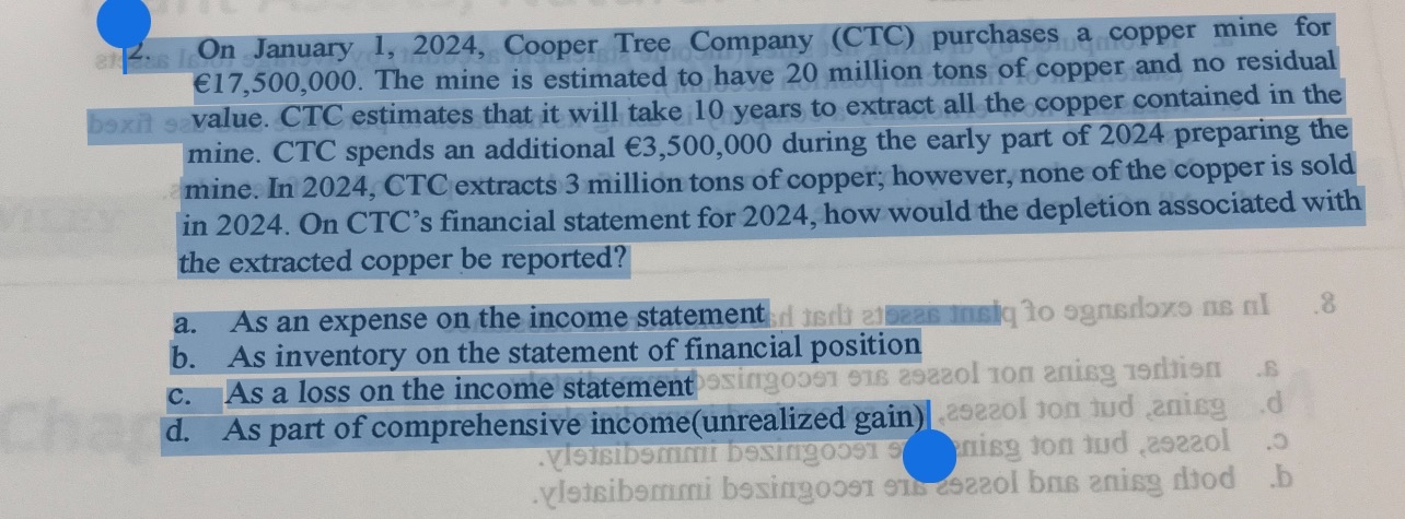  On January 1,2024, Cooper Tree Company (CTC) purchases a copper mine