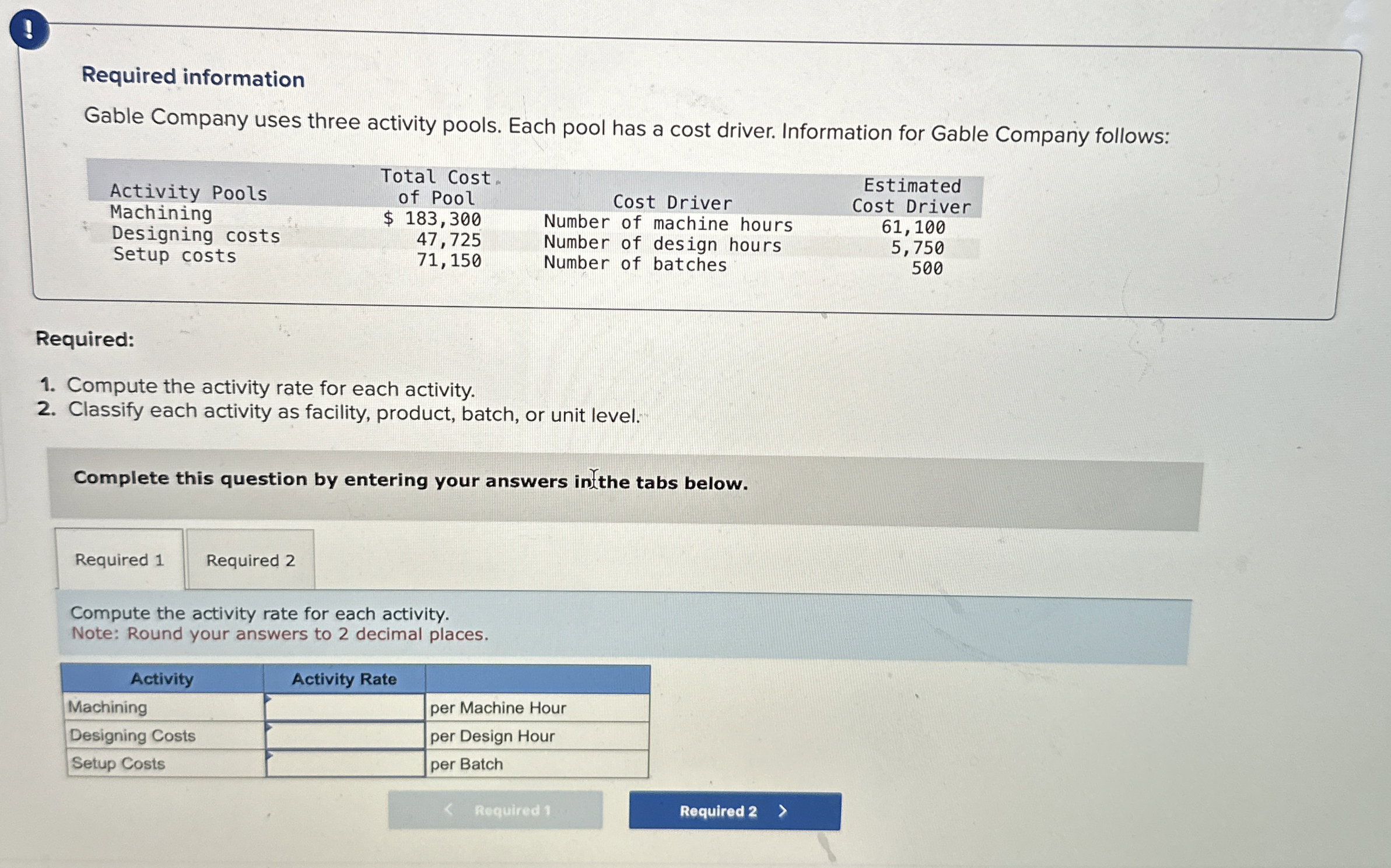 Required information Gable Company uses three activity pools. Each pool has