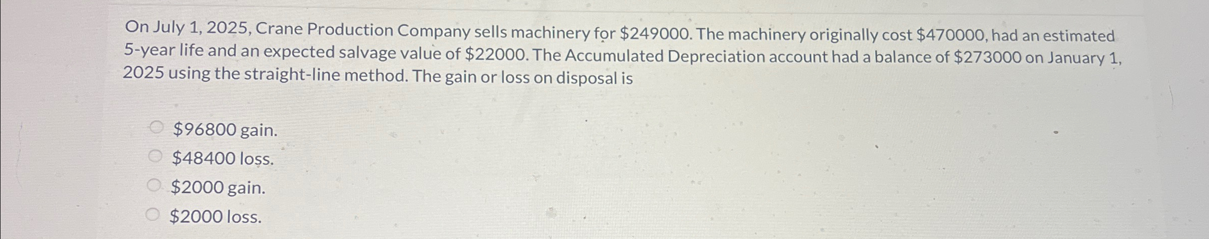  On July 1,2025, Crane Production Company sells machinery for $249000. The