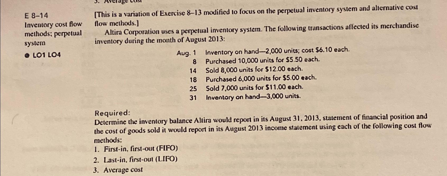  E 8-14 Inventory cost flow methods; perpetual system LO1 LO4 [This