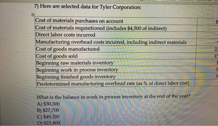 step by step thank you 7) Here are selected data for Tyler