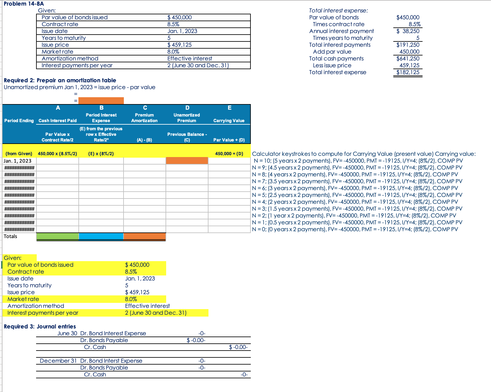  Problem 14-8A Given. Required 2: Prepair an amortization table Unamortized premium