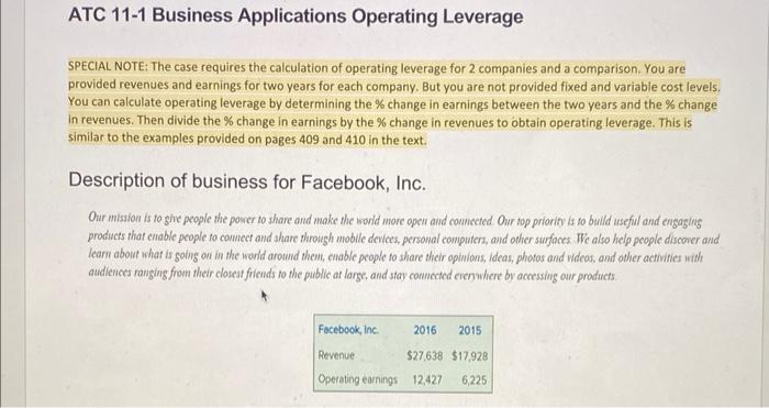  ATC 11-1 Business Applications Operating Leverage SPECIAL NOTE: The case requires