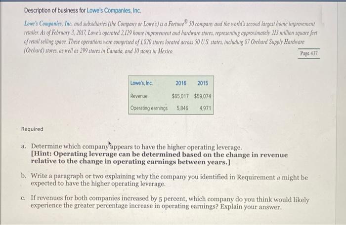 the calculation of operating leverage for 2 companies and a comparison. You