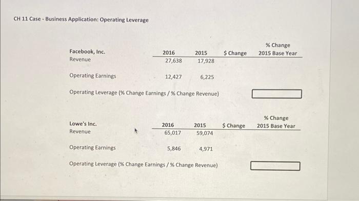 are provided revenues and earnings for two years for each company. But