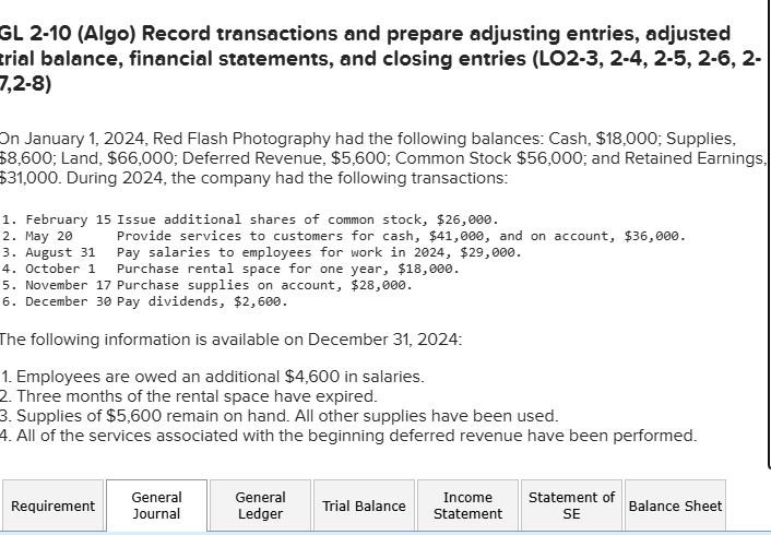  GL 2-10(Algo) Record transactions and prepare adjusting entries, adjusted trial balance,