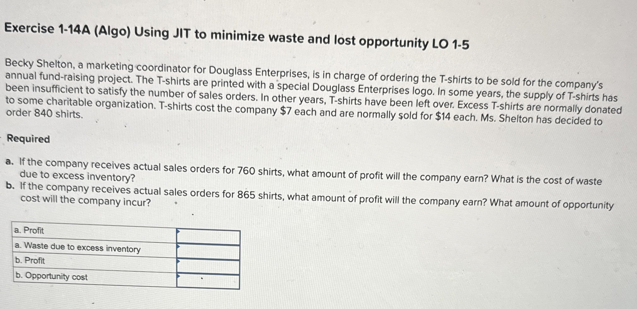  Exercise 1-14A (Algo) Using JIT to minimize waste and lost opportunity