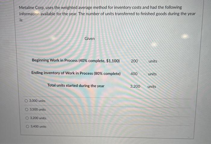  Metaline Corp. uses the weighted average method for inventory costs and