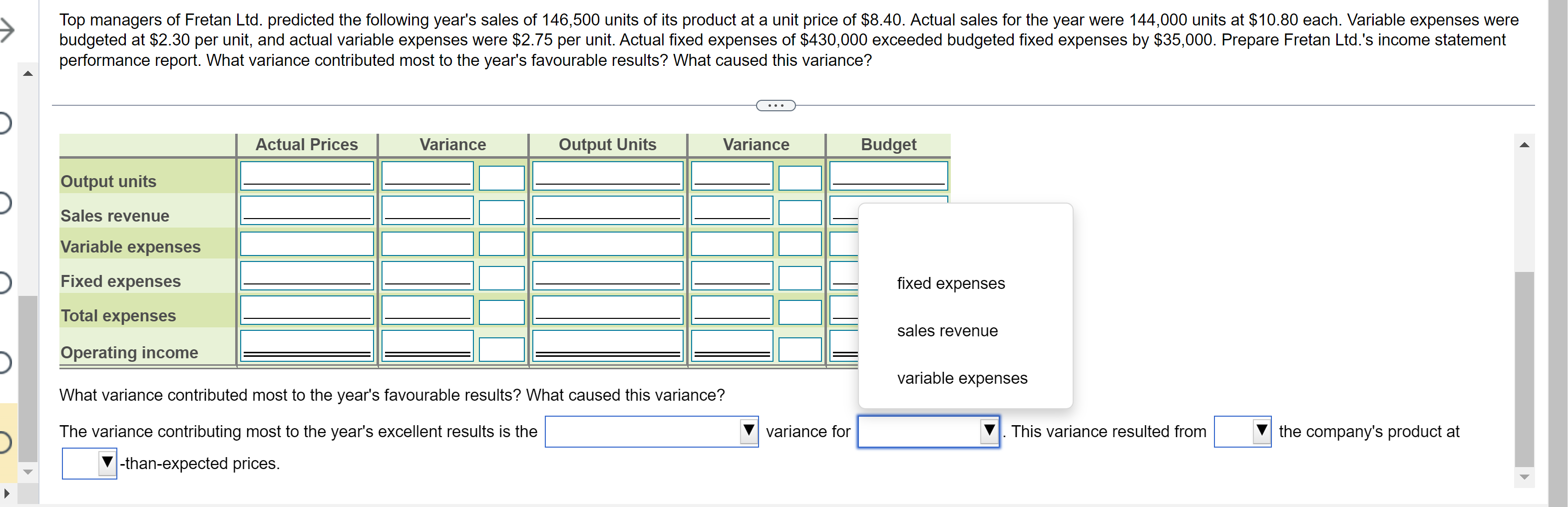 excellent results is the variance for This variance resulted from the company's