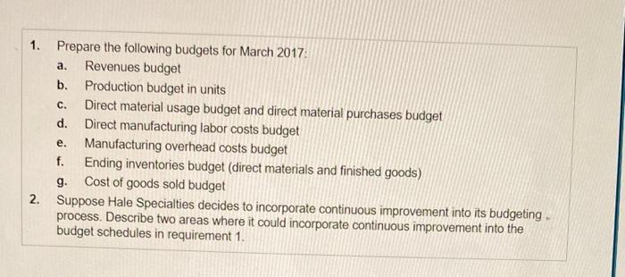 of anch e. Prepare the manufacturing overhead costs budget. Start by selecing