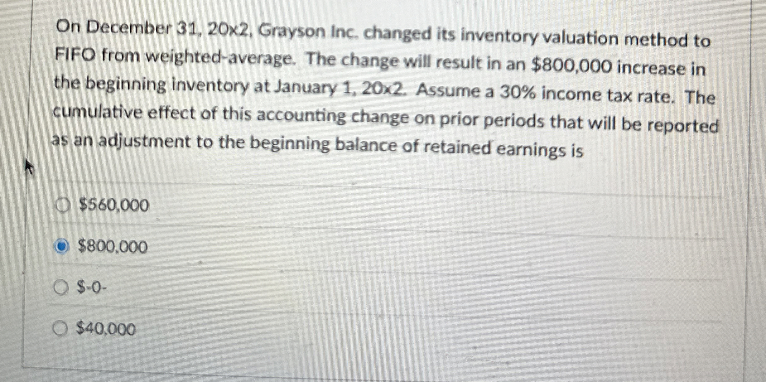  On December 31,20\times 2, Grayson Inc. changed its inventory valuation method